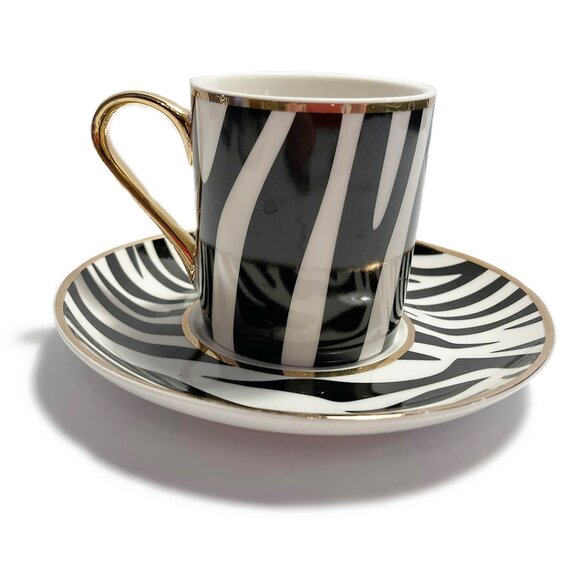 2 Sets of NEW Black & White Zebra Design Bone China 2-Piece Espresso Set w/Gol… - Picture 2 of 4